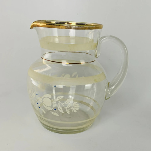 Jogo Jarra E 5 Copos Vidro Floral Dourado Vintage Branco 2