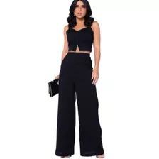 Conjunto Feminino Calça Pantalona E Cropped Em Linhão