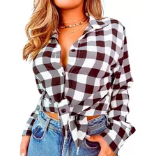 Camisa Feminina Xadrez Manga Longa Gola Tendência Inverno