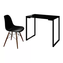 Mesa Escrivaninha Fit 90cm Preto E Cadeira Charles Preta