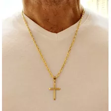 Crucifixo + Corrente Masculina 60cm Banhado Ouro 18k +brinde