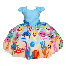 Vestido Infantil Baby Shark Brincando Fundo Mar Azul Bebê