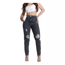 Calça Jeans Feminina Mom Destroyed Cinza Lançamento Exclusiv