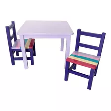 Mesa + 2 Silla Infantil De Madera Pintadas Variados Diseños 