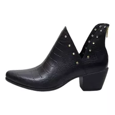 Bota Feminina Ankle Boot Western Couro Croco Preto