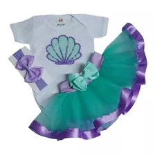 Conjunto Sereia Bebê Menina Roupa Mesversário C/ Saia + Laço