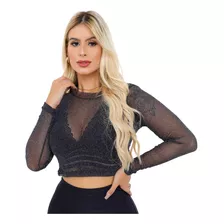 Cropped Blusinha Manga Longa Brilho Blusa Feminina