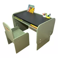 Mesa Lousa E Cadeira Infantil-verde-com Regulagem De Altura