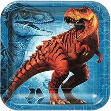 Platos Cuadrados Jurassic World (pack De 8) - 9 - Papel Multicolor Vibrante - Para Comida Y Eventos Temáticos De Dinosaurios