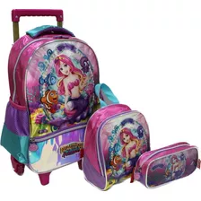 Kit Mochila Escolar Beautifull Princes Sereia G Menina Rodas