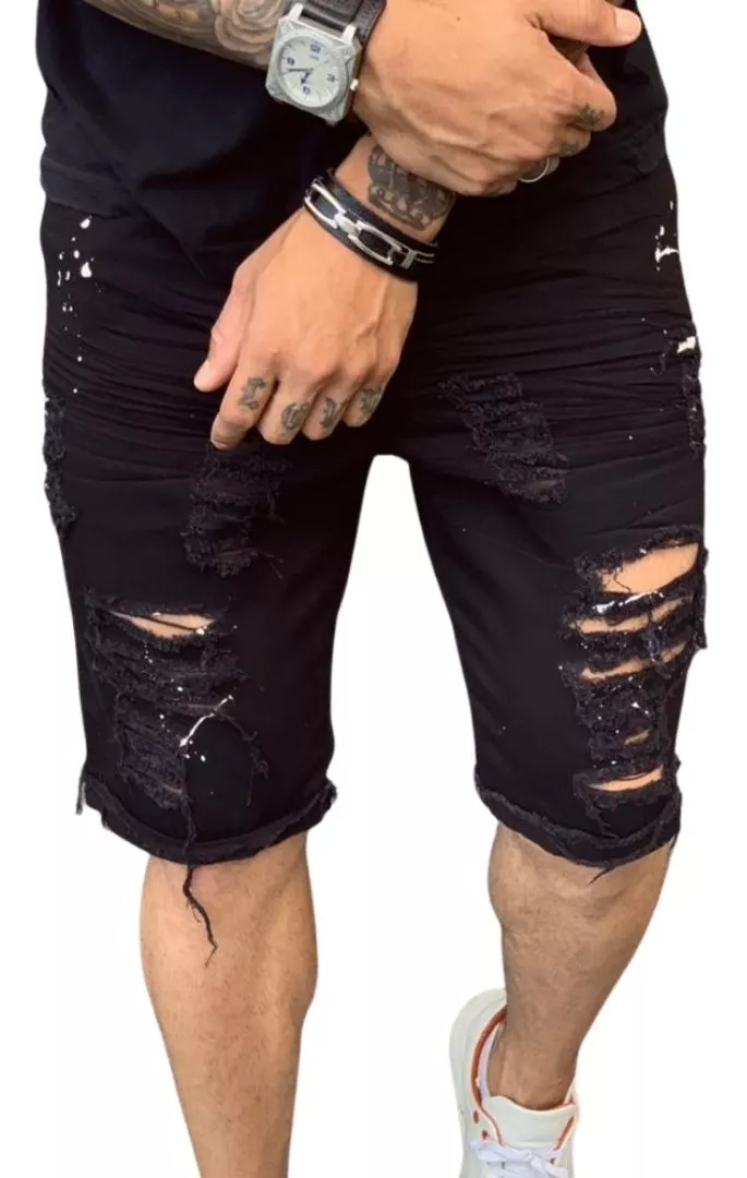 Bermuda Jeans Masculina Preta Rasgada Sem Lycra Destroyed Nf