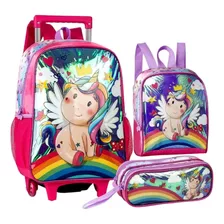 Kit Escolar Menina Unicórnio Mochila Lancheira Estojo Rosa