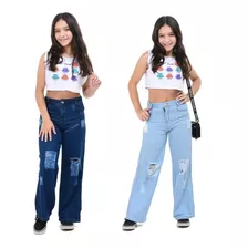 Kit 2 Calça Feminina Infantil Wide Leg Para Menina Jeans