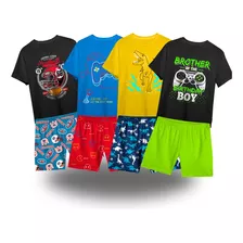 Kit 8 Peças Roupa Infantil Menino 4 Camisas + 4 Shorts 