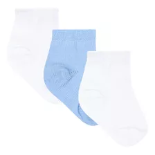 Kit Meia Bebê Masculino 3 Pares Liso Branco E Azul (16 A 19)