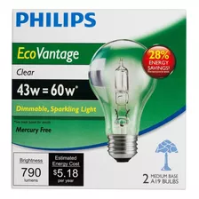 Philips 4410498 43 Vatios Regulable A19 Claro Foco Halógena,