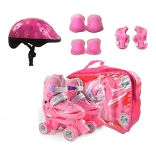 Patins Feminino Quad Rosa 4 Rodas Ajustável + Kit Proteção