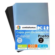 Kit Capa Encadernação A4 - Preta Couro + Cristal Line 200un
