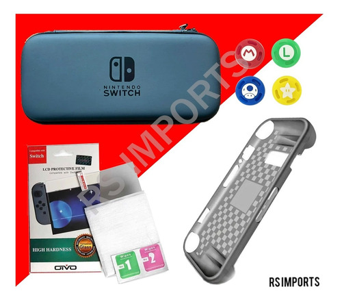 Case Nintendo Switch + Película De Vidro + 4 Grips + Tpu