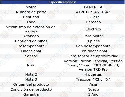 Espejo Lateral Derecho Toyota Tacoma Del 2016 Al 2021 Foto 2