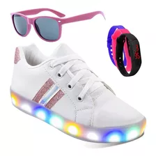 Tênis Casual Feminino Led Barato Glitter + Óculos + Relógio