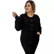 Casaco Quentinho Plus Size Tricot Botão E Bolso Evangélico