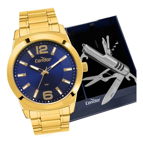 Relógio Condor Masculino Dourado Azul Barato Original Nfe