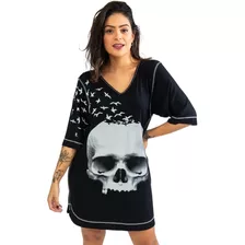 Vestido Preto Caveira Com Pássaros Camiseta Gola V Estampado