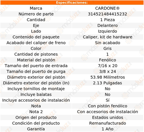 (1) Caliper O Mordaza Del Izq Plymouth Breeze 96/00 Cardone Foto 5