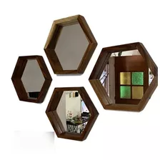 Juego De 4 Espejos Hexagonales De Madera (sólida)