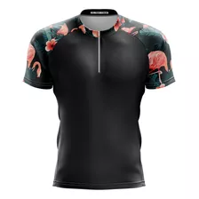 Camisa Floral Flamingo Curta Ciclismo Preta Dry Fit Bike Mtb