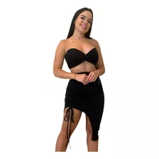 Conjunto Feminino Top Tomara Que Caia Com Saia Midi