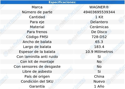 Kit De Balatas Ceramicas Del Wagner Parisienne V 6 3.8l 84 Foto 2