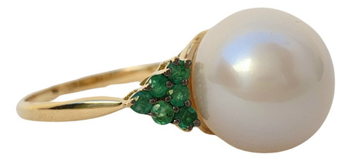 Anel De Ouro 18k 750 Com Pérola Natural Grande E Esmeraldas Amarelo 22