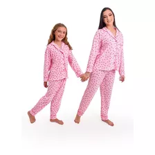 Kit Pijama Inverno Mãe E Filha Americano Longo Malha Botões