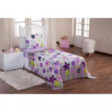 Jogo De Cama Lençol Solteiro Menina Kids Flor Lilás 03 Pçs