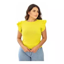 Blusa Regata Feminina Manga Curta Babado Tendência Tricot 