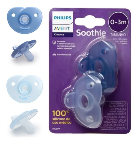 Chupeta Avent Soothie Silicone Azul Menino 0 A 3 Meses Rn