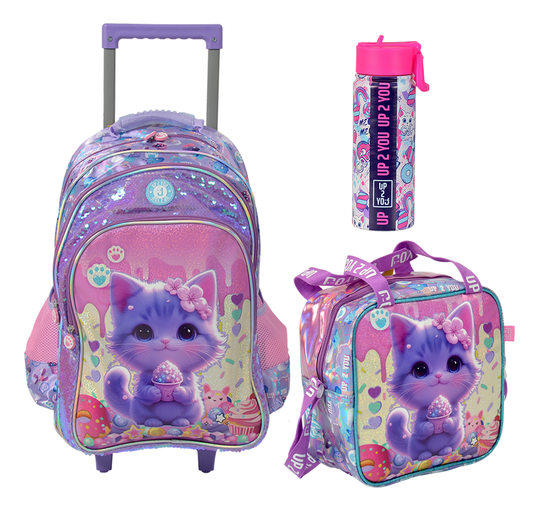 Kit Escolar Mochila 18t Lunchera Térmica Y Botella 500ml Violeta Cream Cat