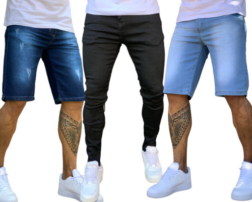 Kit 2 Bermudas Com 1 Calça Jeans Masculina Coleção Nova
