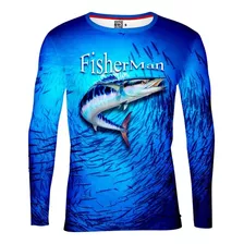 Playera Jersey Manga Larga Pesca Fisherman Peces Azul. 