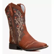 Bota Country Feminina Cano Medio Texana Couro Bordado Flores