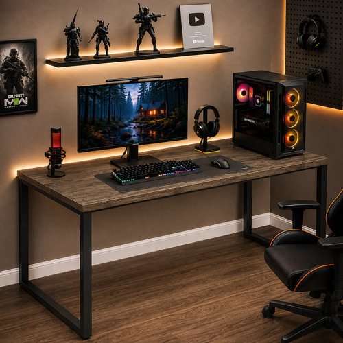 Mesa Escritório Tampo Setup Gamer 150cm Aço Estrutura Metal Carvalho Dark