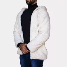 Casaco Peluciado Teddy Masculino Estilo Cardigan Com Bolso