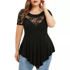 Tops Femininos Plus Size De Renda Floral Sólida Com Decote E