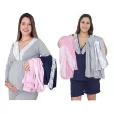 Kit Pijama + Baby Doll + Camisola Gestante Maternidade