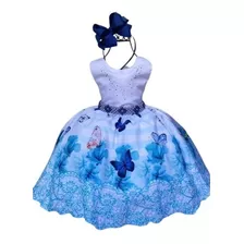 Vestido Infantil Jardim Encantado Com Borboletas Azul Damas