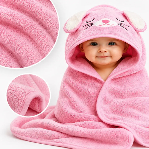 Toalha Banho Infantil Bebê Capuz Forrada Bichinhos Rn Macia Rosa