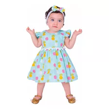 Roupa De Bebe Vestido Com Tiara 100% Algodão Abacaxi