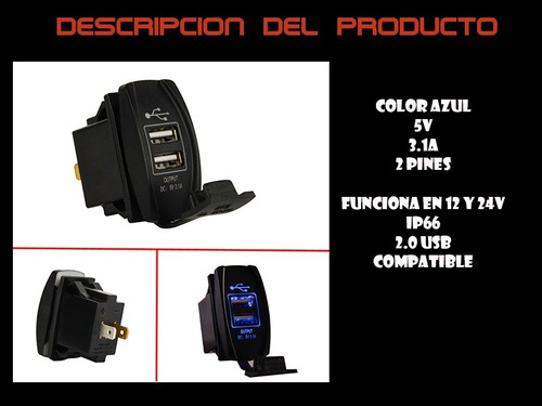 Rocker Switch Led Azul Con Usb 5v 3.1a Cargador Celulares Foto 2